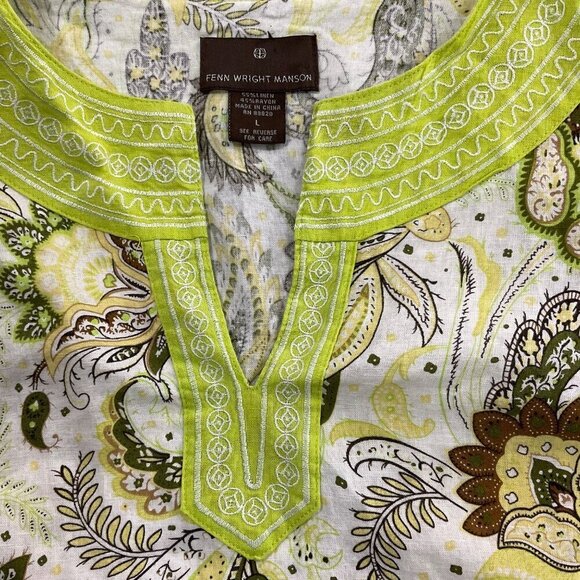 Fenn Wright Manson Linen Sleeveless Paisley Top Large Lime Green Cream & Brown - Picture 5 of 8